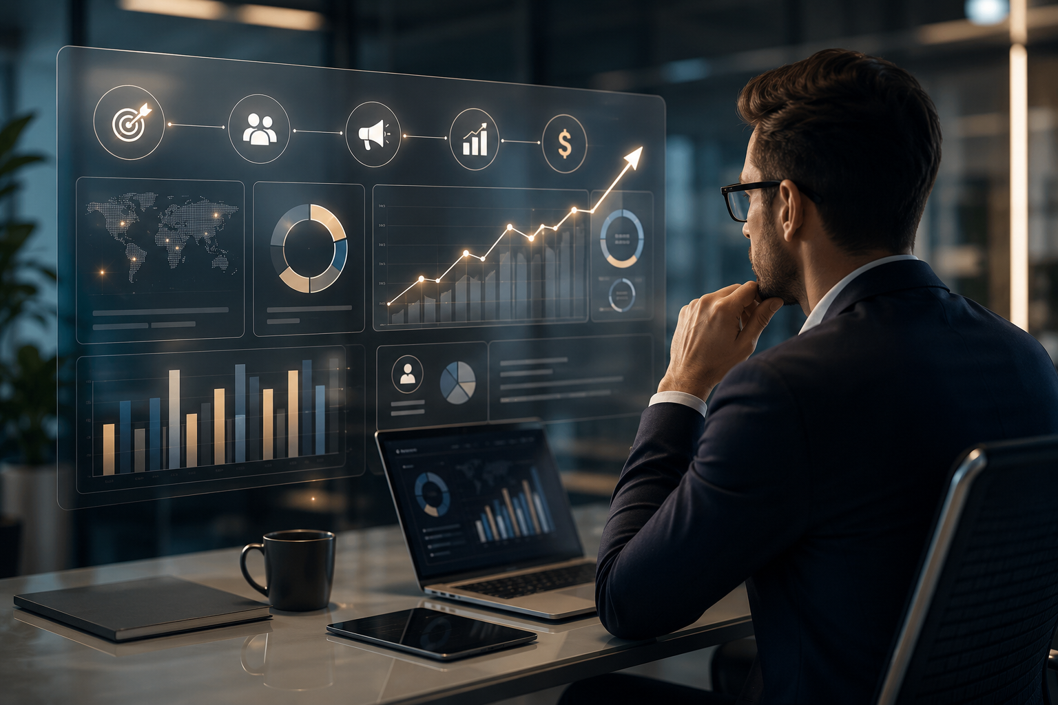 High-converting website marketing strategy dashboard with business professional analyzing digital marketing performance, website analytics, and lead generation growth.