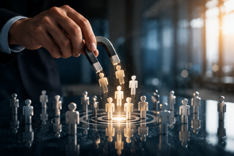 Business lead generation concept showing targeted customer attraction and qualified leads through digital marketing strategy.