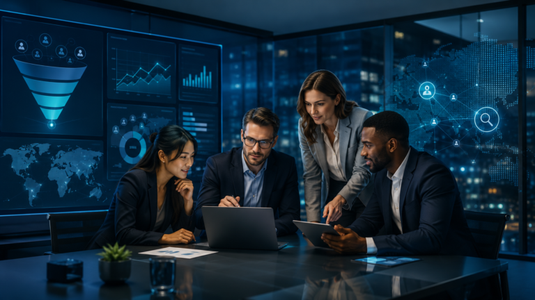 B2B content marketing strategy guide showing business professionals analyzing digital marketing data, SEO performance, lead generation funnel, and growth analytics