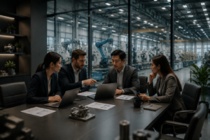 Modern manufacturing team discussing digital marketing strategy and global business growth in a high-tech factory office.