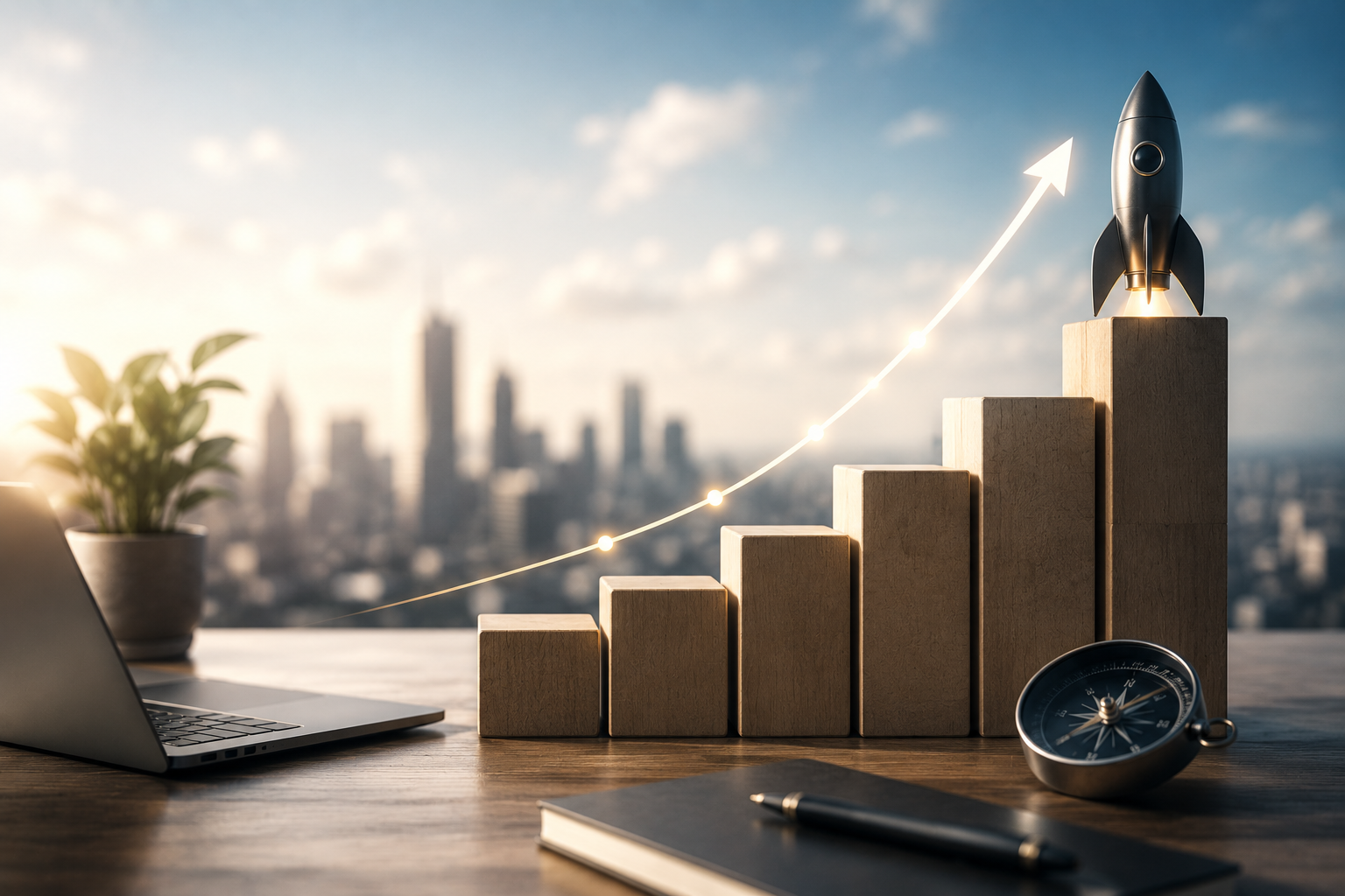 Business growth concept featuring a rising success chart, rocket launch, and modern workspace symbolizing small business scaling, digital marketing, and sustainable growth.