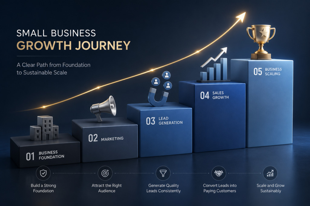 Business growth roadmap illustrating the journey from marketing and lead generation to sustainable business scaling.
