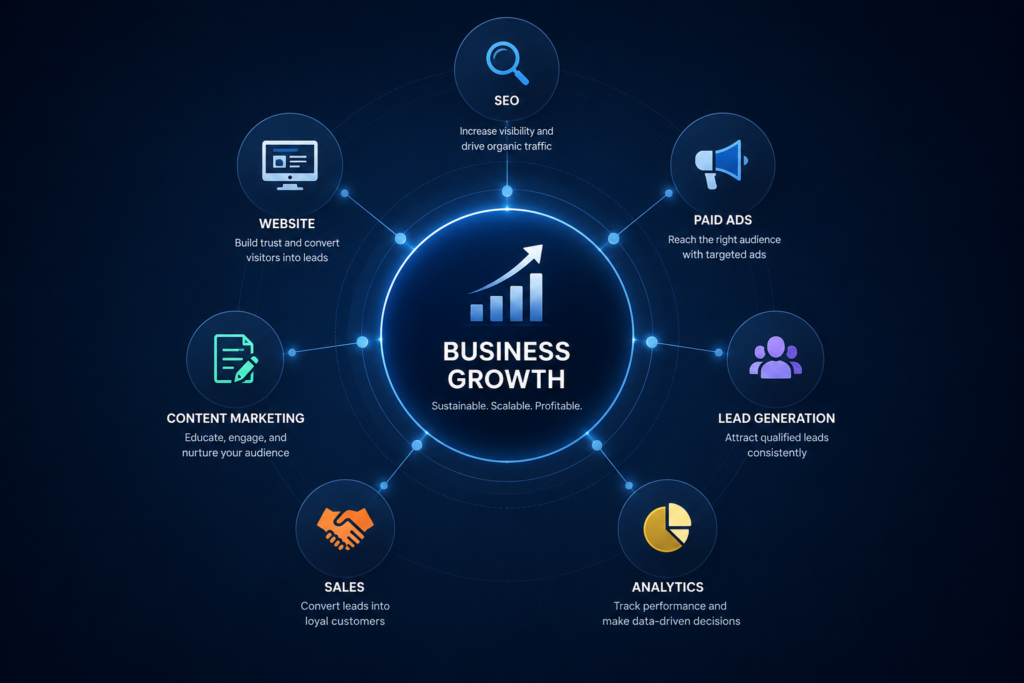 Business growth ecosystem connecting digital marketing, lead generation, website optimization, and analytics.