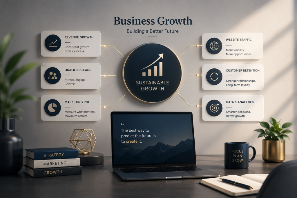 Business performance dashboard showing revenue growth, qualified leads, customer retention, and marketing ROI.