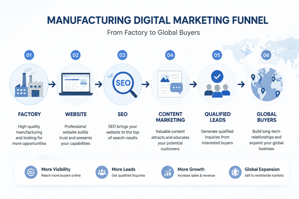 Manufacturing digital marketing funnel showing how factories generate qualified leads through websites, SEO, and content marketing.