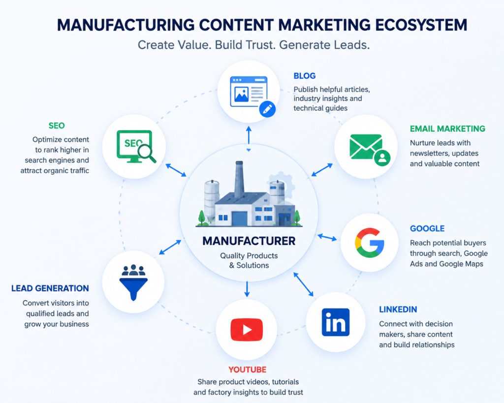 Manufacturing content marketing ecosystem connecting SEO, blogs, email marketing, social media, and lead generation.