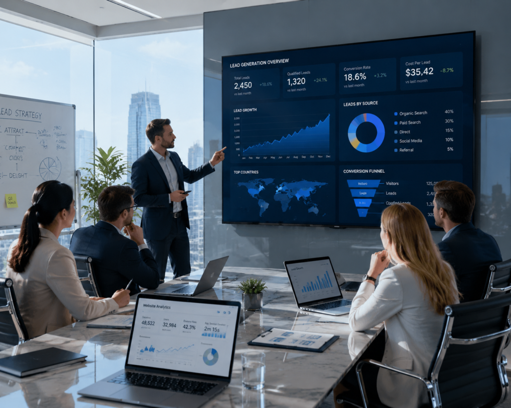 Marketing team reviewing lead generation performance through analytics dashboards and global business metrics.