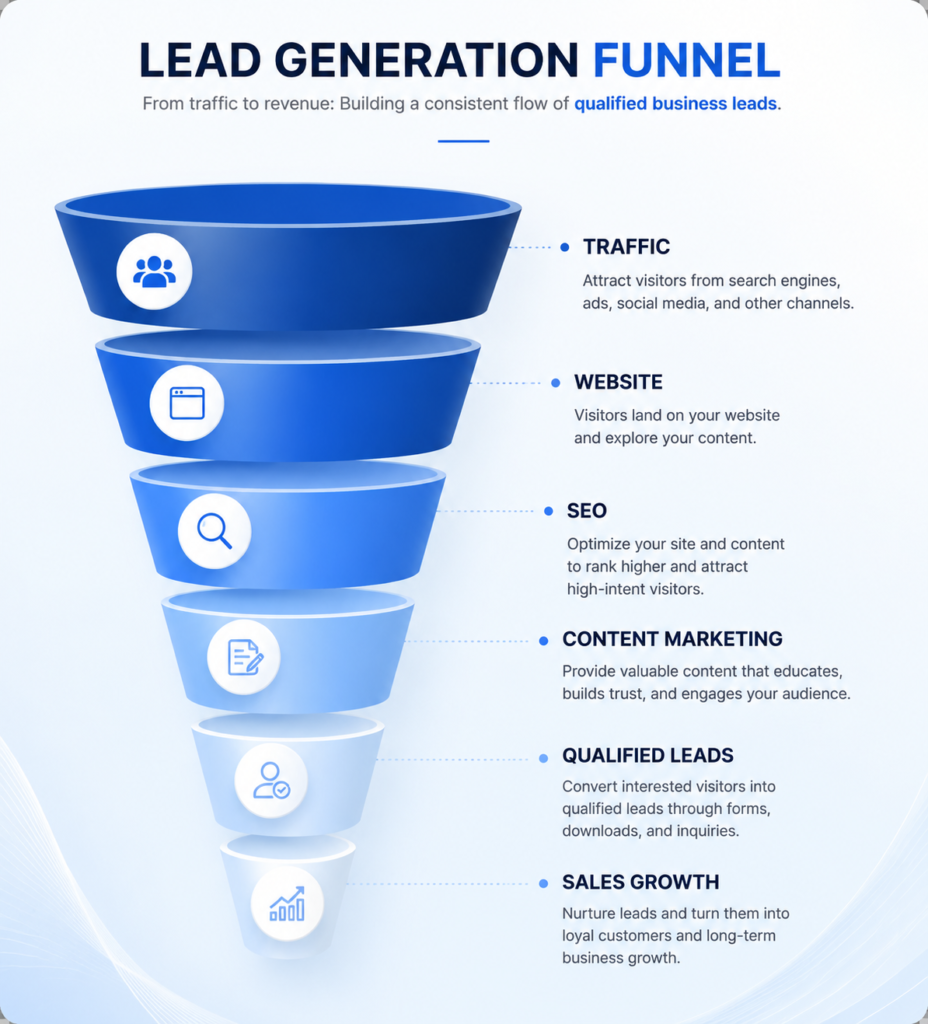 Lead generation funnel showing how website traffic, SEO, content marketing, and digital strategies create qualified business leads.