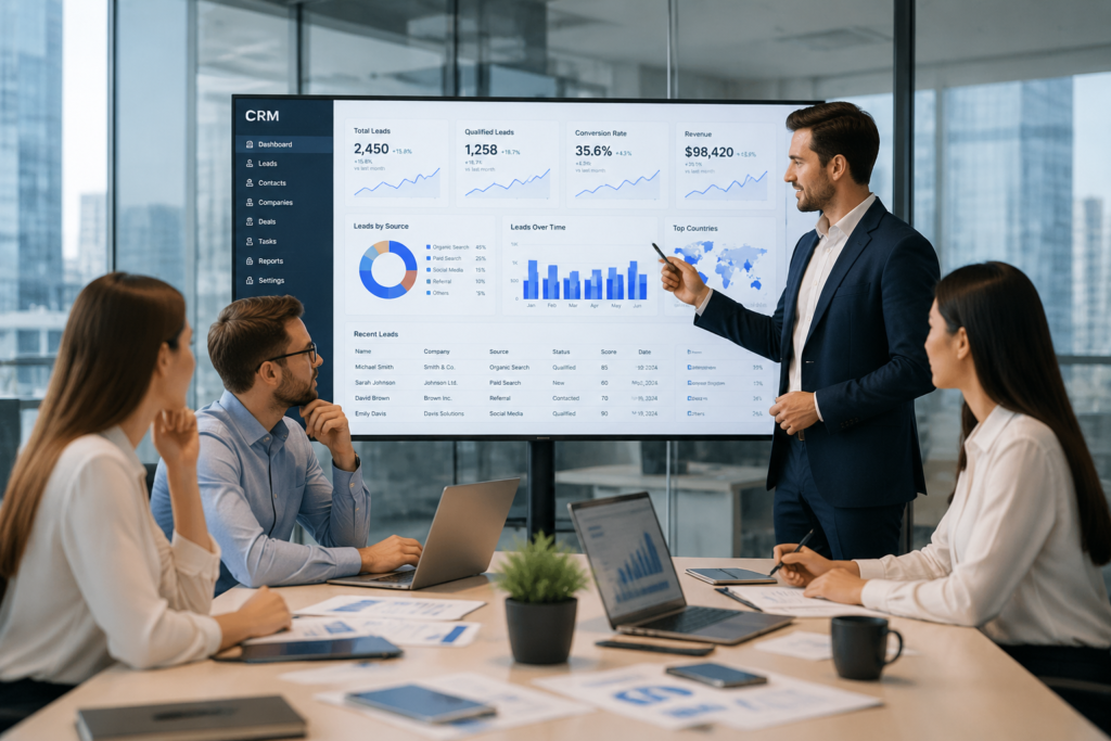 Business team analyzing qualified leads through CRM data and digital marketing analytics.