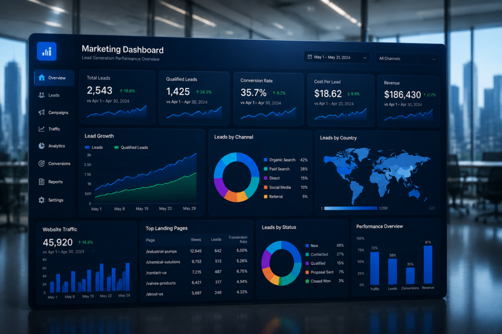 Digital marketing analytics dashboard showing lead generation performance, website traffic, and business growth metrics.