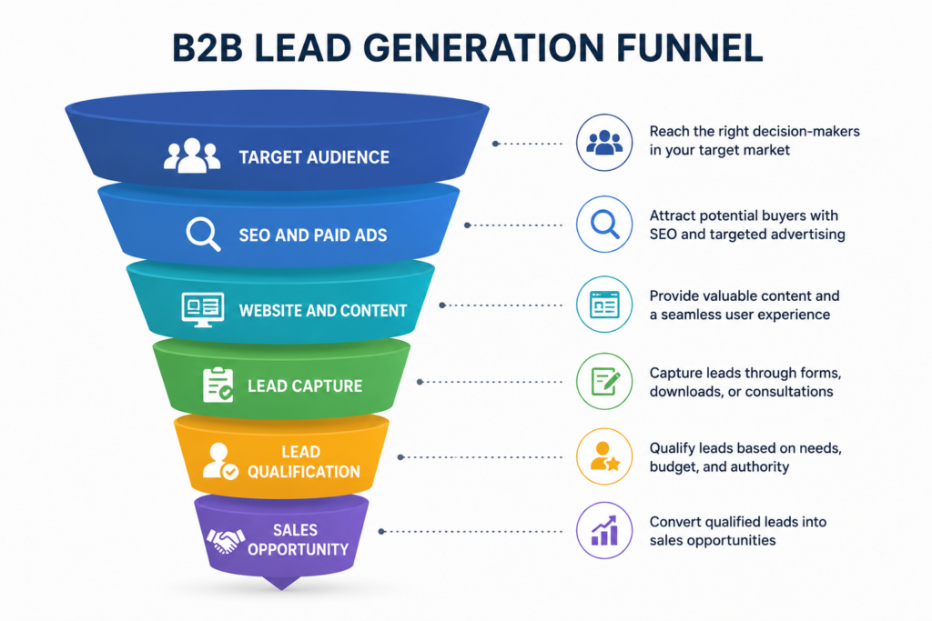 B2B digital marketing funnel showing how target audiences become qualified leads and sales opportunities.