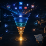 Business professionals analyzing a B2B digital marketing strategy with a futuristic lead generation funnel, data analytics, and digital growth visualization.