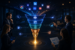 Business professionals analyzing a B2B digital marketing strategy with a futuristic lead generation funnel, data analytics, and digital growth visualization.