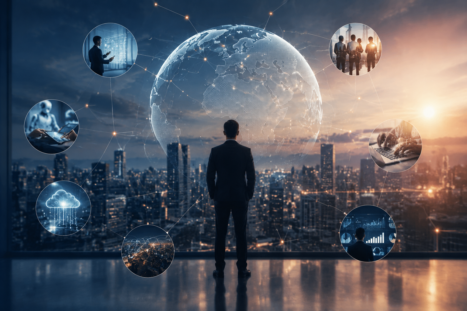 Digital Transformation for Businesses concept showing how companies use digital technology, AI, data analytics, and global connectivity to drive business growth.