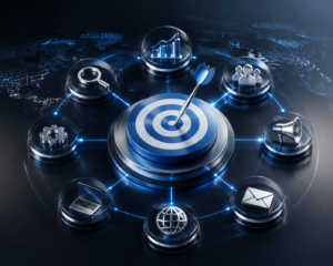 Digital Marketing Strategy concept featuring connected digital channels, analytics, automation, and global business networks to improve marketing performance and growth.