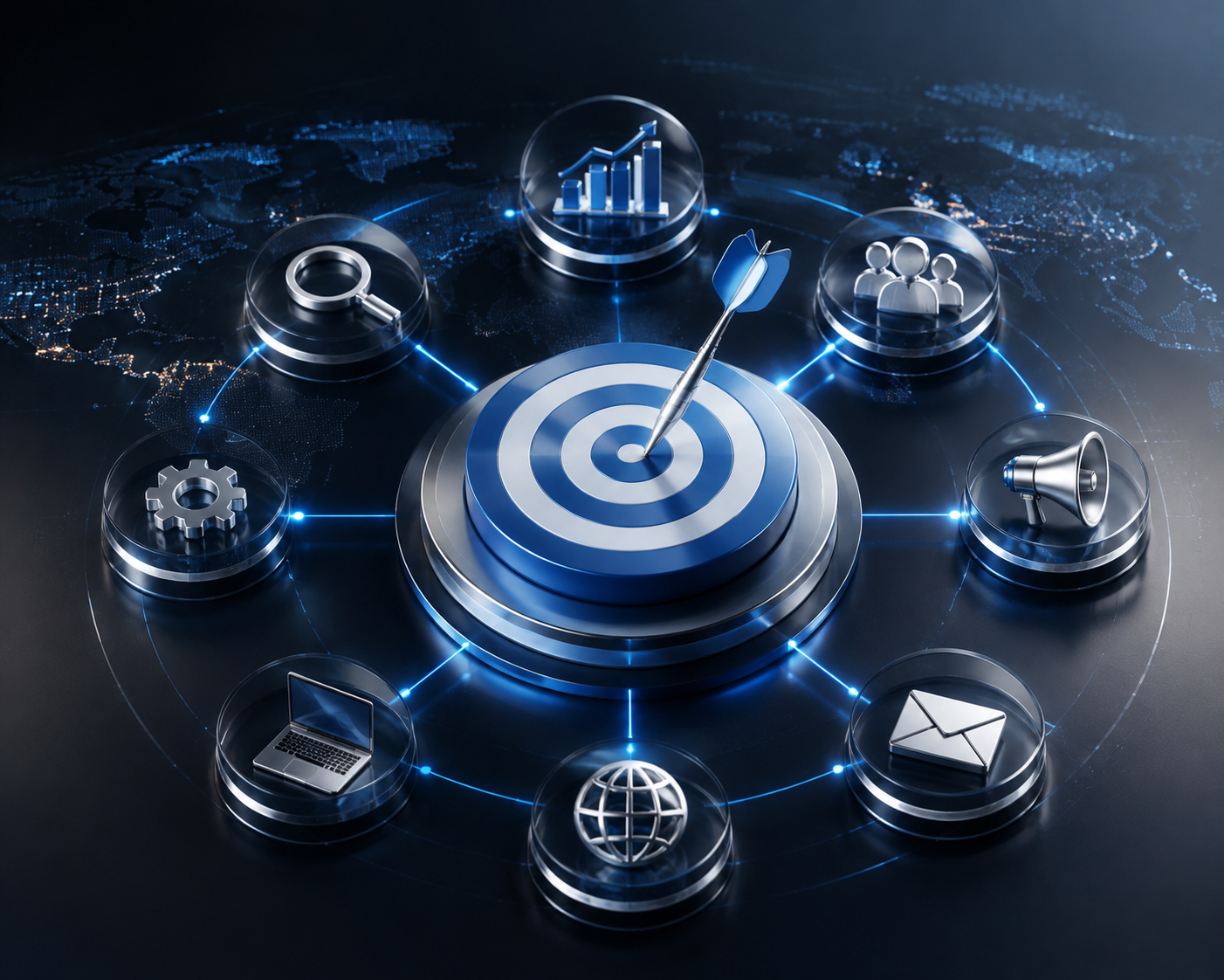 Digital Marketing Strategy concept featuring connected digital channels, analytics, automation, and global business networks to improve marketing performance and growth.