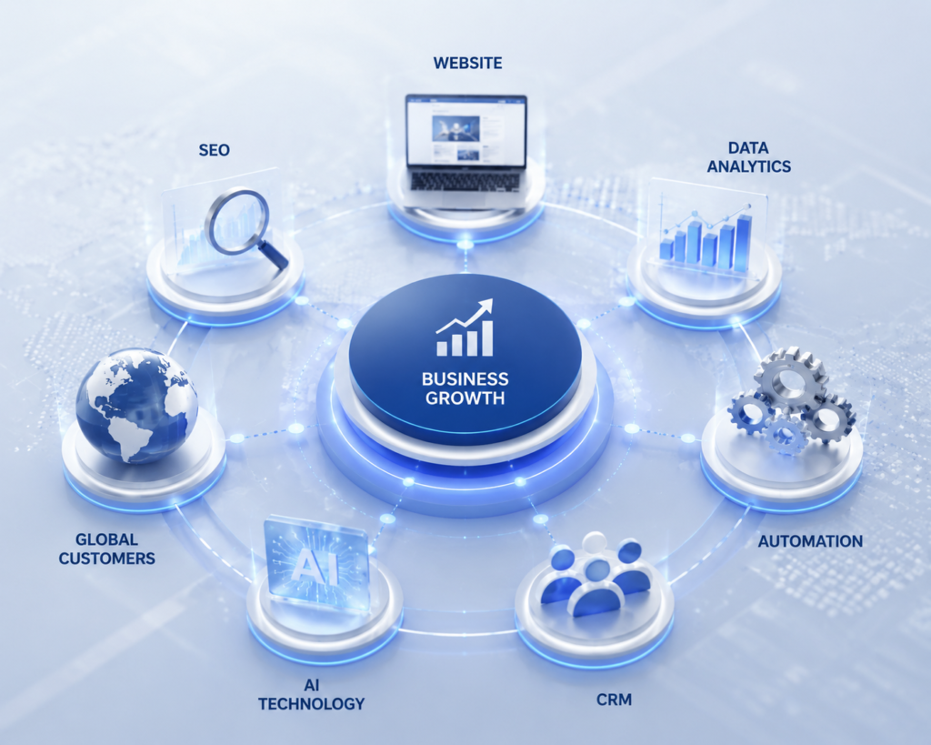 Digital transformation ecosystem showing how businesses connect websites, data analytics, automation, and digital marketing strategies for growth.