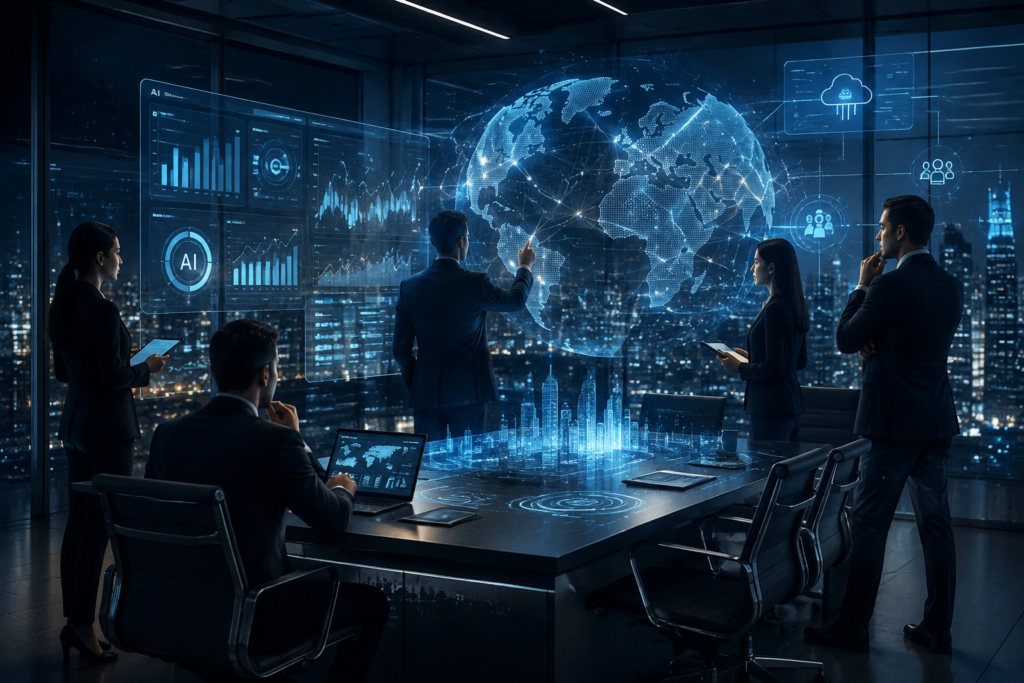 Future digital transformation concept showing business professionals using advanced technology, AI, and global digital networks.