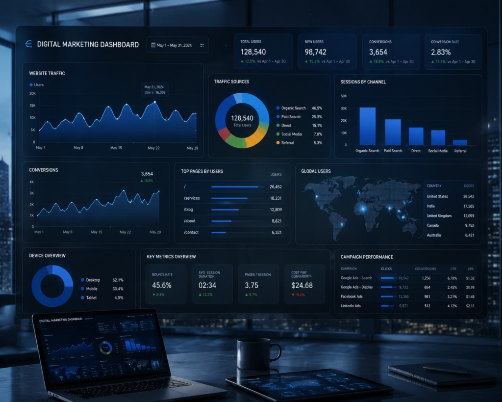 <!-- wp:paragraph -->
<p>Digital marketing analytics dashboard showing website performance, campaign results, customer growth, and marketing ROI.</p>
<!-- /wp:paragraph -->