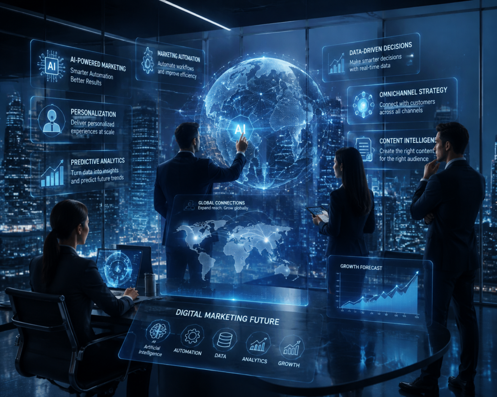 <!-- wp:paragraph -->
<p>Future digital marketing technology concept showing businesses using AI, global networks, and advanced digital strategies for growth.</p>
<!-- /wp:paragraph -->